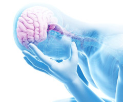 depression - illustrated by a translucent man, showing a rendering of the brain and brain stem, with his head in his hands