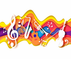 Music and the Brain - color wave with musical note and instruments