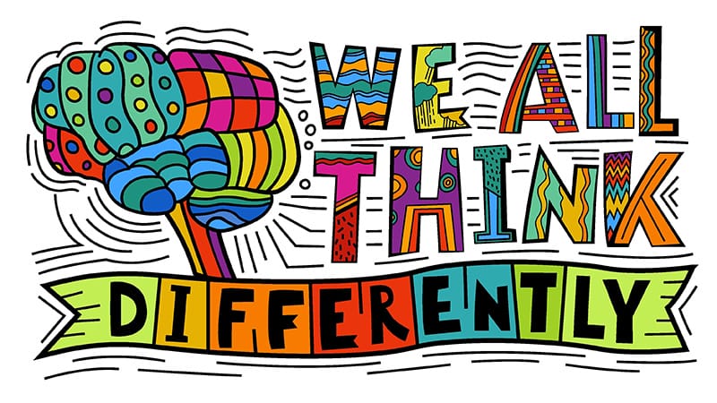 Neurodivergent uniqueness represented by the slogan, we all think differently